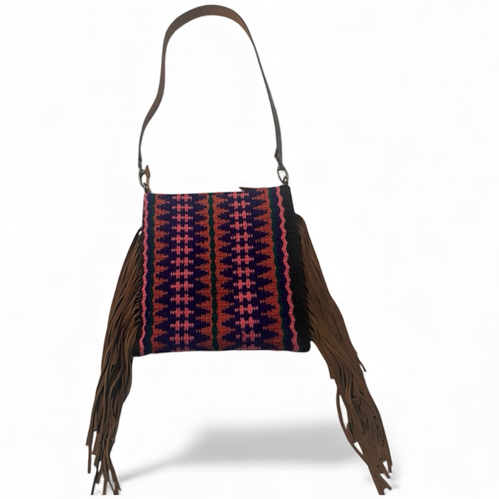 Saddle Blanket Crossbody Bag tooled leather strap with fringe